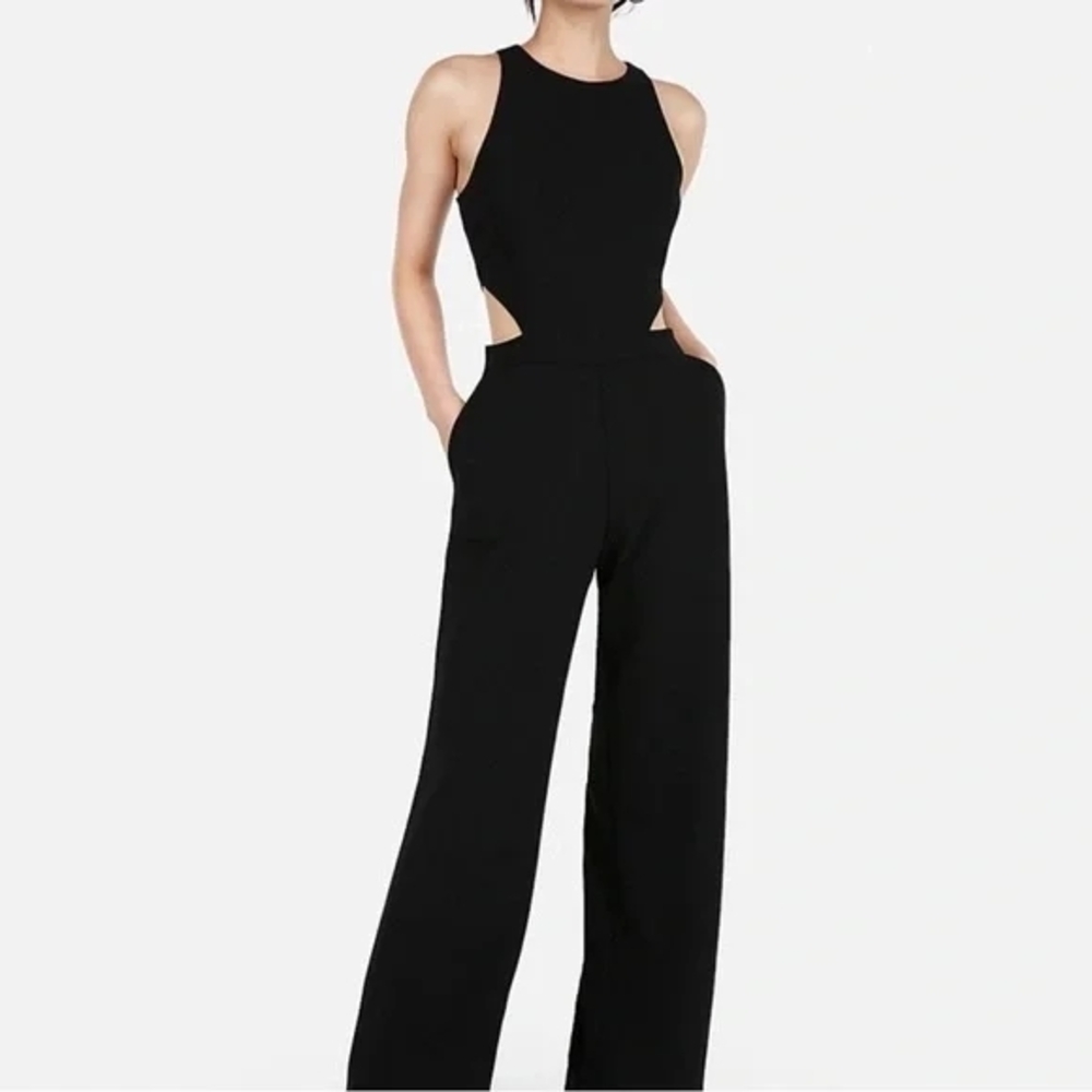 Express Black Cutout Wide-Leg Jumpsuit with Racer Neck